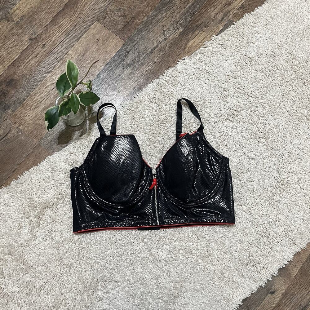 Cacique 40DD Metallic Black Red Reptile Print Longline Zip Front Underwire Bra